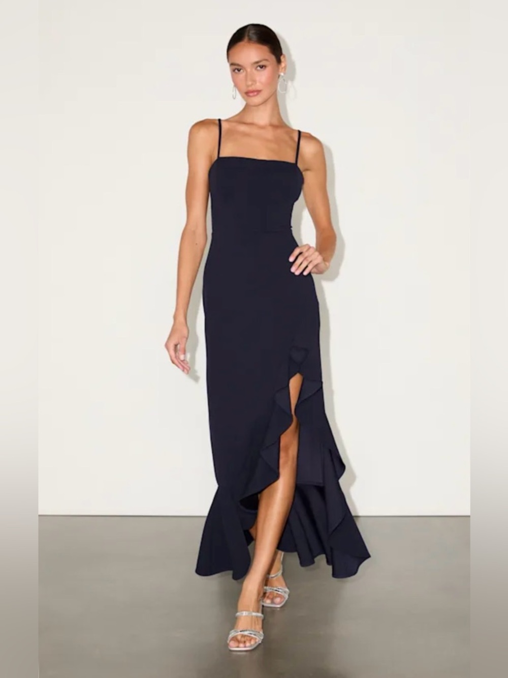 From Lulus, the Iveta Cutout Ruffled Sleeveless Midi Dress Dark Navy XS NWT